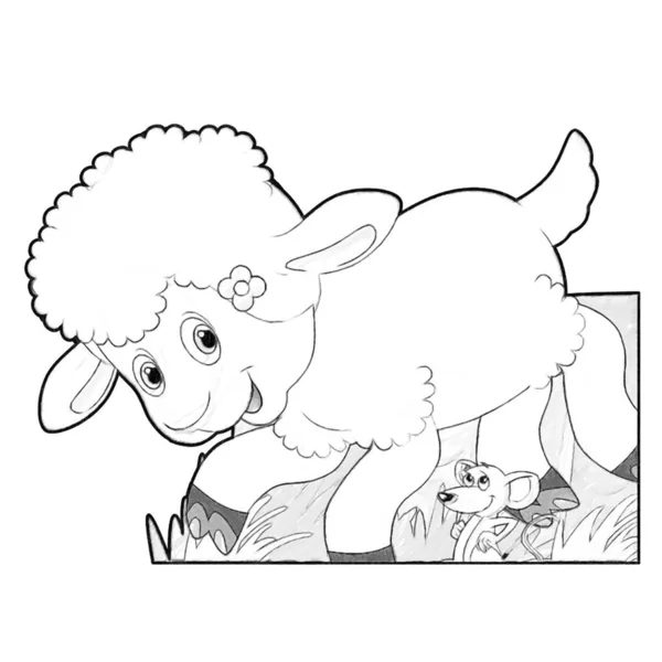 Croquis Scène Dessin Animé Avec Drôle Regardant Ferme Moutons Sourire — Photo