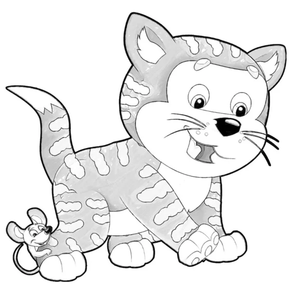Sketch Tecknad Scen Med Glad Katt Gör Något Att Spela — Stockfoto