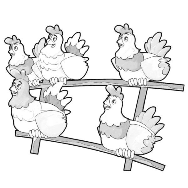 Vázlat Rajzfilm Jelenet Boldog Farm Csirke Tyúk Illusztráció Gyerekeknek — Stock Fotó