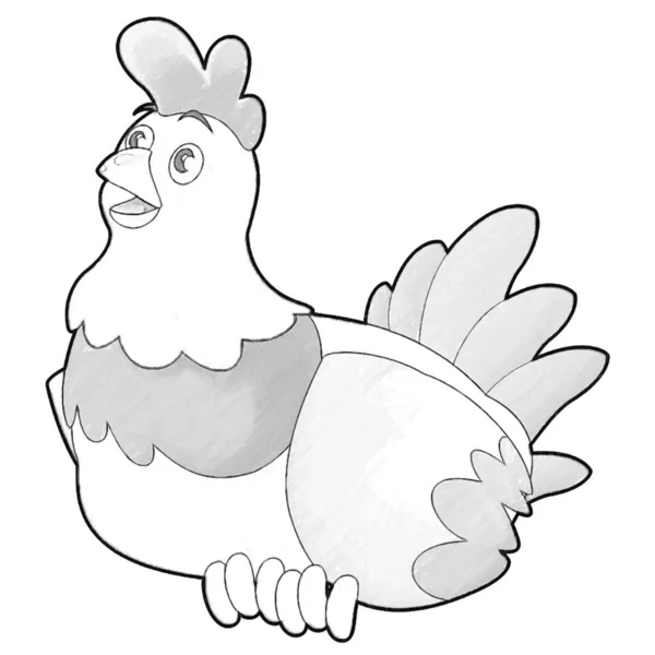 Sketch Cartoon Scene Happy Farm Chicken Hen Illustration Kids — Stock Photo, Image