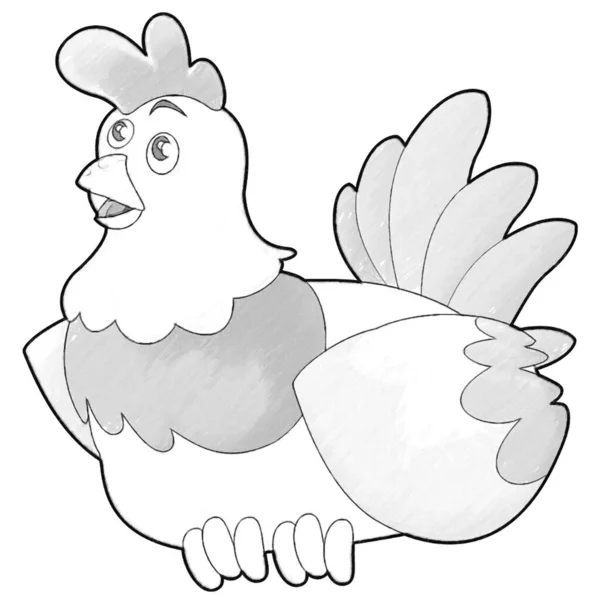 Vázlat Rajzfilm Jelenet Boldog Farm Csirke Tyúk Illusztráció Gyerekeknek — Stock Fotó