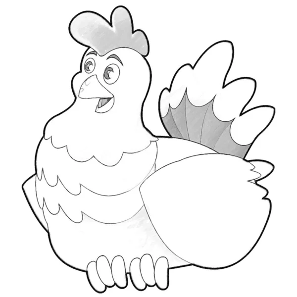 Sketch Cartoon Scene Happy Farm Chicken Hen Illustration Kids — Stock Photo, Image