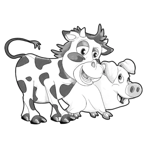 Szkic Kreskówka Scena Zabawnie Wyglądający Krowa Cielę Świnia Bawiąc Się — Zdjęcie stockowe