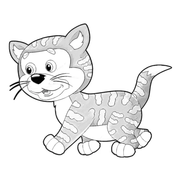 Sketch Cartoon Szene Mit Glücklicher Katze Die Etwas Spielt Isolierte — Stockfoto