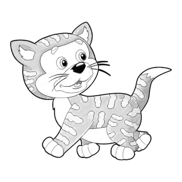 Sketch Cartoon Scene Happy Cat Doing Something Playing Isolated Illustration — Stock Photo, Image