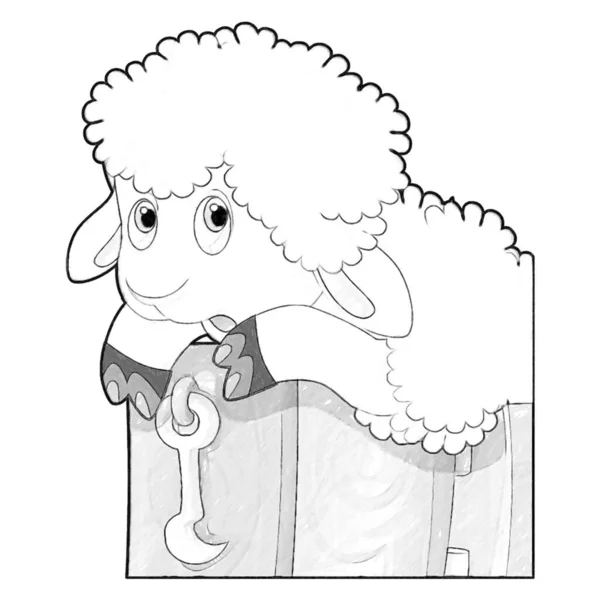 Schizzo Cartoon Scena Con Divertente Alla Ricerca Fattoria Pecore Sorridente — Foto Stock