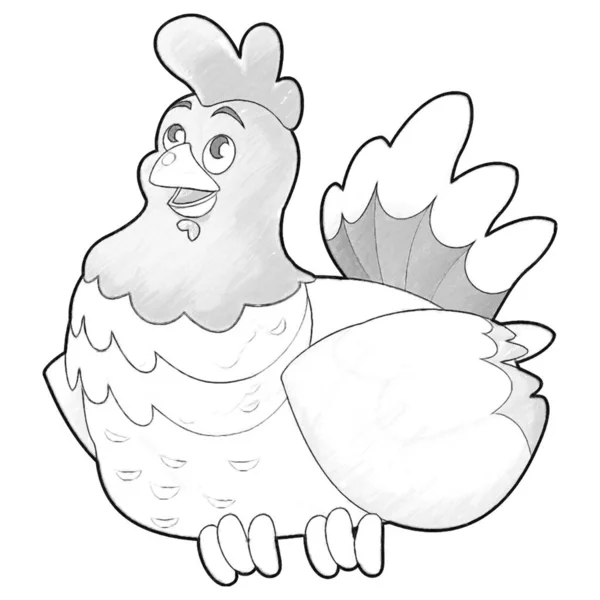 幸せな農場の鶏と漫画のシーンをスケッチ子供のためのイラスト — ストック写真