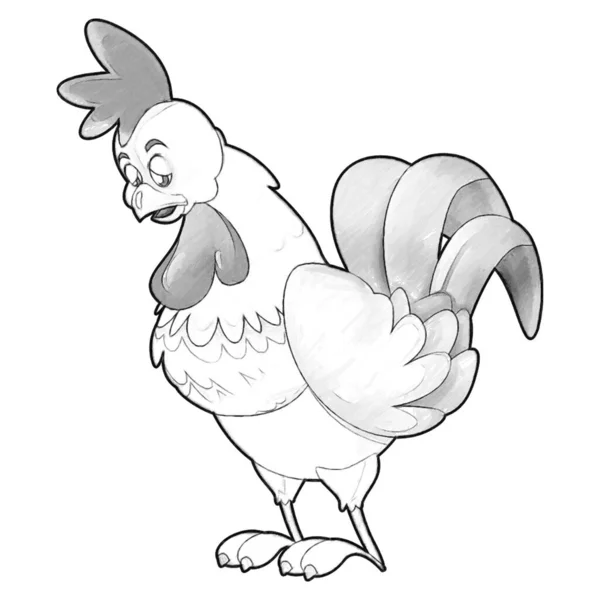 Sketch Cartoon Scene Happy Farm Rooster Illustration Kids — Stock Photo, Image