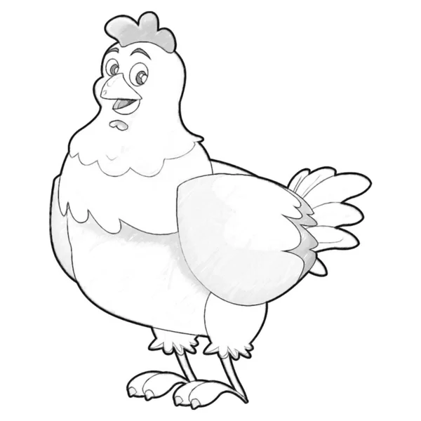 Schets Cartoon Scene Met Gelukkig Boerderij Kip Hen Illustratie Voor — Stockfoto
