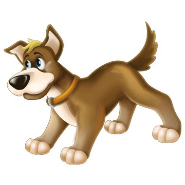 Mutlu çiftlik köpeğiyle neşeli çizgi film sahnesi çocuklar için eğlenceli çizimler yapıyor.