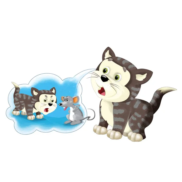 cheerful cartoon scene with happy cat doing something playing isolated illustration for children