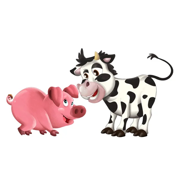 Fröhliche Cartoon Szene Mit Lustig Aussehendem Kuhkalb Und Schwein Beim — Stockfoto