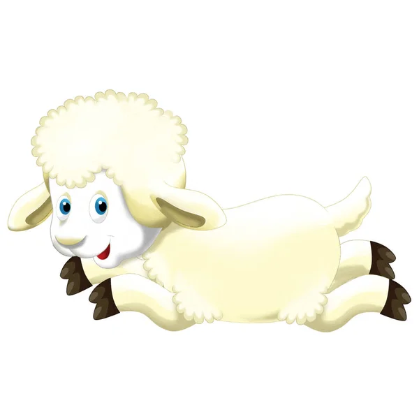Joyeux Dessin Animé Scène Avec Drôle Regardant Ferme Moutons Souriant — Photo