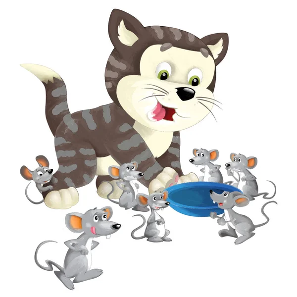 Vrolijk Cartoon Scene Met Gelukkig Kat Doen Iets Spelen Geïsoleerde — Stockfoto