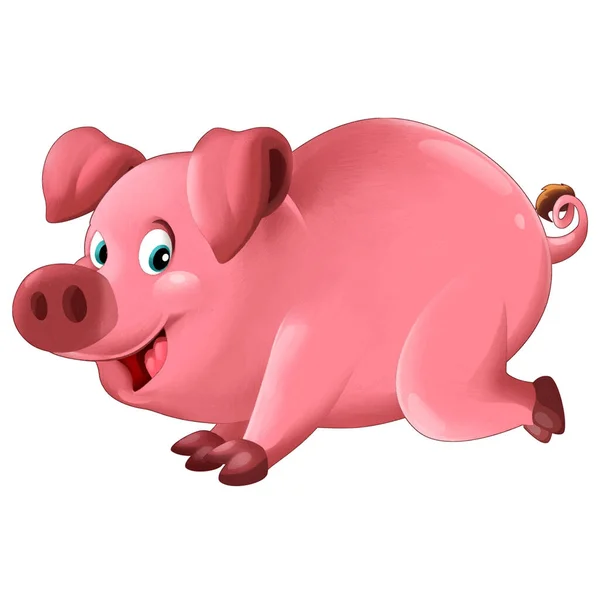 幸せな農場豚の笑顔のイラストを持つ陽気な漫画シーン子供のための — ストック写真