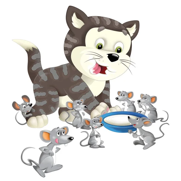 Vrolijk Cartoon Scene Met Gelukkig Kat Doen Iets Spelen Geïsoleerde — Stockfoto