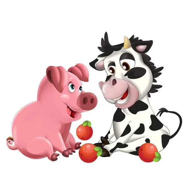 Alegre Cartoon Cena Com Engraçado Olhando Vaca Bezerro Porco Jogando — Fotografia de Stock