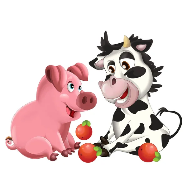 面白い表情の牛の子牛と豚が一緒に遊んでいる陽気な漫画シーン子供のためのイラスト — ストック写真