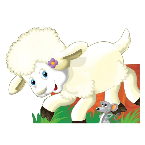 Joyeux Dessin Animé Scène Avec Drôle Regardant Ferme Moutons Souriant — Photo