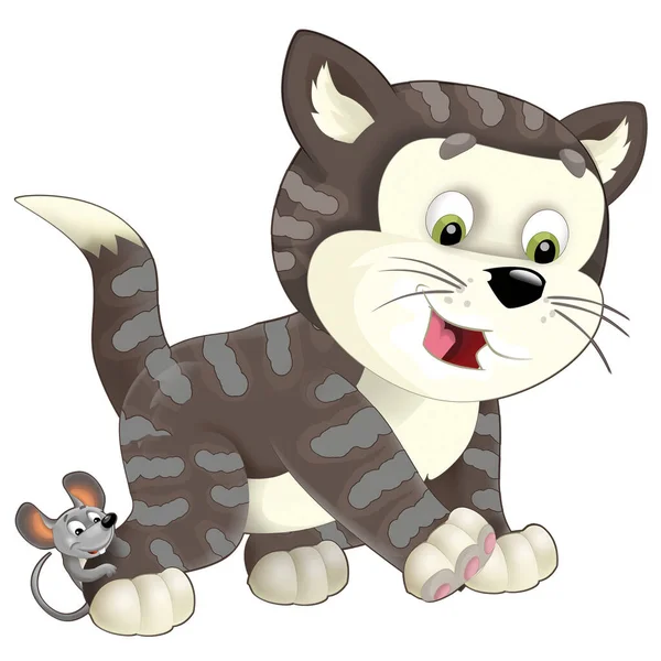 Fröhliche Cartoon Szene Mit Glücklicher Katze Die Etwas Spielt Isolierte — Stockfoto