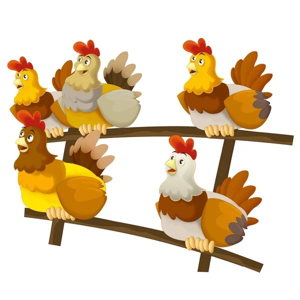 Fröhliche Cartoon Szene Mit Glücklichen Bauernhof Hühner Illustration Für Kinder — Stockfoto
