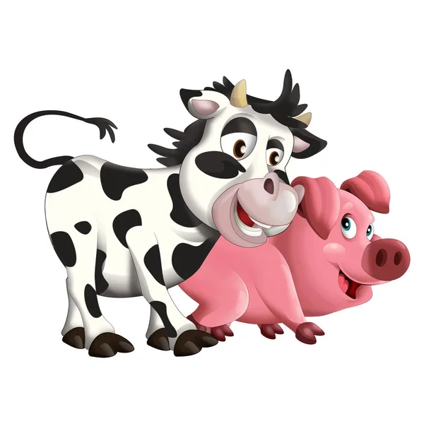 Alegre Cartoon Cena Com Engraçado Olhando Vaca Bezerro Porco Jogando — Fotografia de Stock