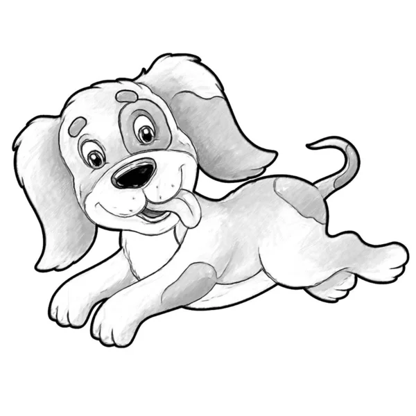 Bosquejo Escena Dibujos Animados Con Perro Granja Feliz Divertirse Ilustración —  Fotos de Stock