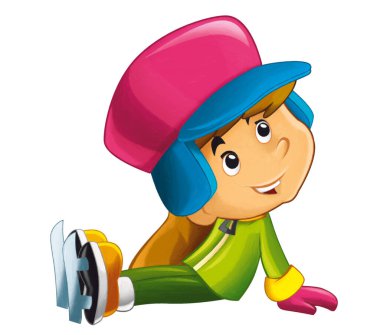 Küçük bir çocuğun oturduğu ya da buz pateni yaparken kaza yaptığı çizgi film sahnesi çocuklar için izole edilmiş spor illüstrasyonları yapıyor.