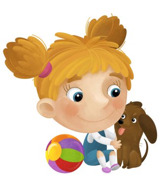 Kız ve köpeğinin oynadığı çizgi film sahnesi çocuklar için izole edilmiş bir top ile eğleniyor.