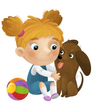 Kız ve köpeğinin oynadığı çizgi film sahnesi çocuklar için izole edilmiş bir top ile eğleniyor.