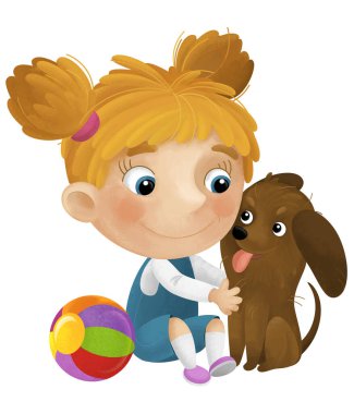 Kız ve köpeğinin oynadığı çizgi film sahnesi çocuklar için izole edilmiş bir top ile eğleniyor.