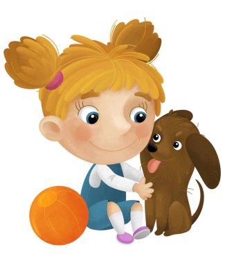 Kız ve köpeğinin oynadığı çizgi film sahnesi çocuklar için izole edilmiş bir top ile eğleniyor.