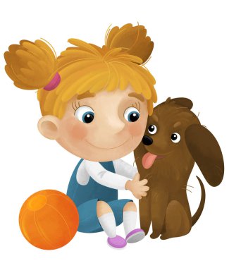 Kız ve köpeğinin oynadığı çizgi film sahnesi çocuklar için izole edilmiş bir top ile eğleniyor.