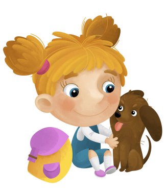 Kız ve köpeğinin oynadığı çizgi film sahnesi çocuklar için izole edilmiş eğlenceli çizimler.