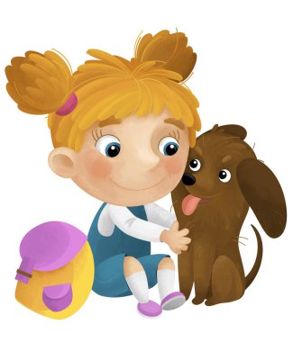 Kız ve köpeğinin oynadığı çizgi film sahnesi çocuklar için izole edilmiş eğlenceli çizimler.