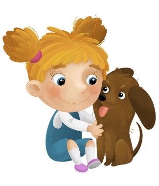 Kız ve köpeğinin oynadığı çizgi film sahnesi çocuklar için izole edilmiş eğlenceli çizimler.