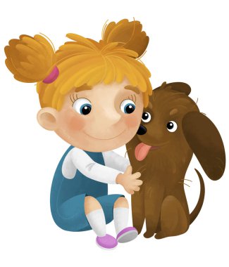Kız ve köpeğinin oynadığı çizgi film sahnesi çocuklar için izole edilmiş eğlenceli çizimler.