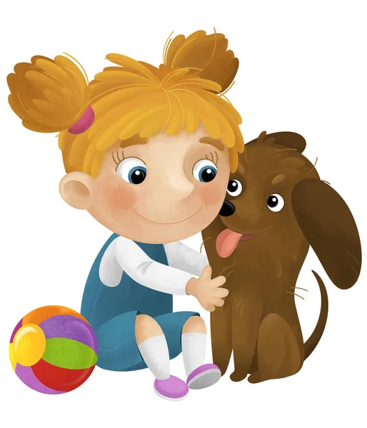 卡通片场景 女孩和她的狗在一起玩耍 给孩子们看一个孤立的球图解 — 图库照片