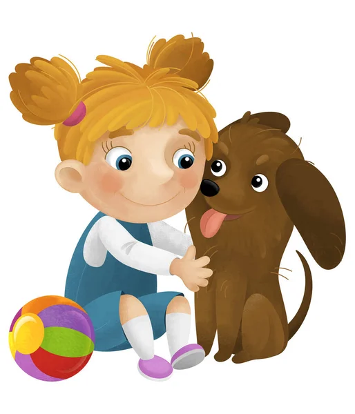 Мультяшная Сцена Девушкой Собакой Играющей Весело Шариком Изолированные Иллюстрации Детей — стоковое фото