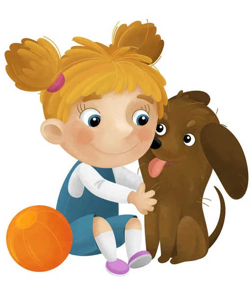 女の子と彼女の犬との漫画シーンは子供のためのボール孤立イラストで楽しんでいます — ストック写真