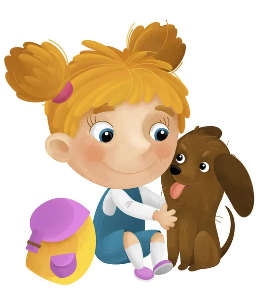 女の子と彼女の犬との漫画シーンは子供のための楽しい孤立したイラストを持っています — ストック写真