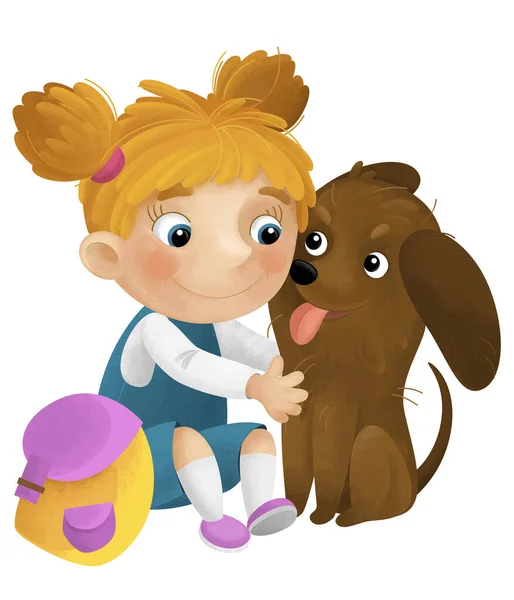 stock image cartoon scene with girl and her dog playing having fun isolated illustration for kids