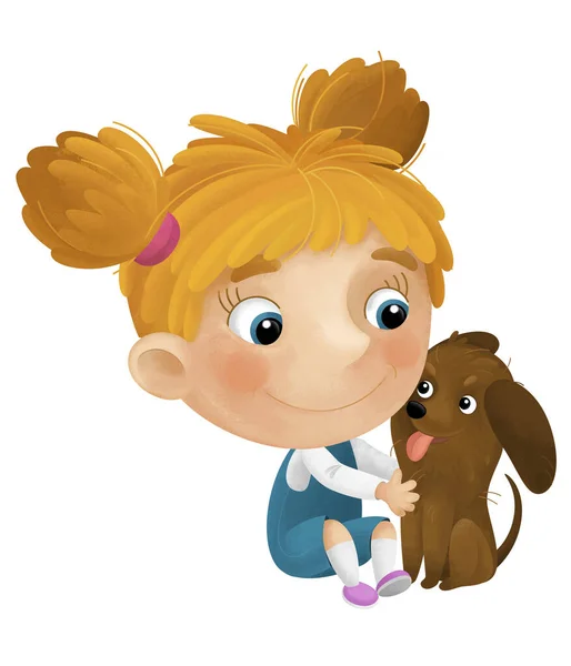 Kreslené Scény Dívkou Její Pes Hraje Baví Izolované Ilustrace Pro — Stock fotografie