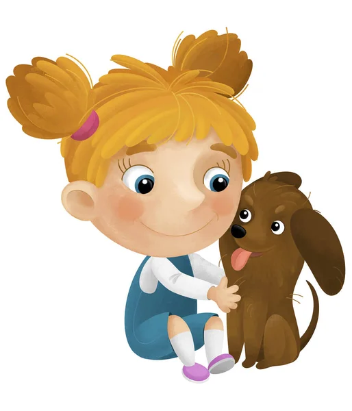 Kreslené Scény Dívkou Její Pes Hraje Baví Izolované Ilustrace Pro — Stock fotografie