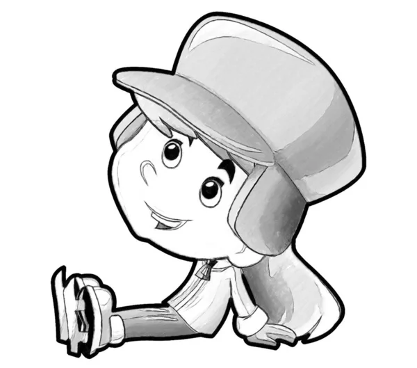 Bosquejo Escena Dibujos Animados Con Niño Sentado Tener Accidente Patinaje — Foto de Stock