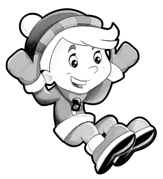 Bosquejo Escena Dibujos Animados Con Niño Sentado Saltando Haciendo Deporte — Foto de Stock
