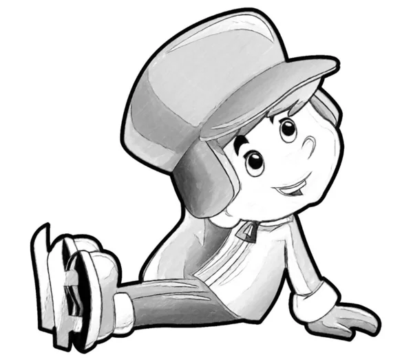 子供のためのスポーツ孤立イラストをやってアイススケートに座っているか事故を持っている若い男の子と漫画シーン — ストック写真