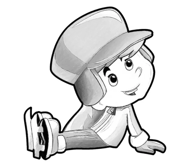 子供のためのスポーツ孤立イラストをやってアイススケートに座っているか事故を持っている若い男の子と漫画シーン — ストック写真