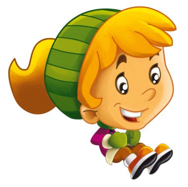 Çizgi film sahnesinde küçük bir kız kayıyor ya da çocuklar için kış sahnesini atlatıyor.