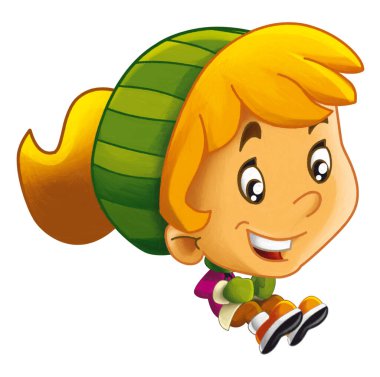 Çizgi film sahnesinde küçük bir kız kayıyor ya da çocuklar için kış sahnesini atlatıyor.